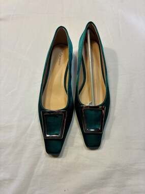 NEW C.Paravano Green Satin Square Toe Low Heel Pumps with Trapezoidal Buckle Siz